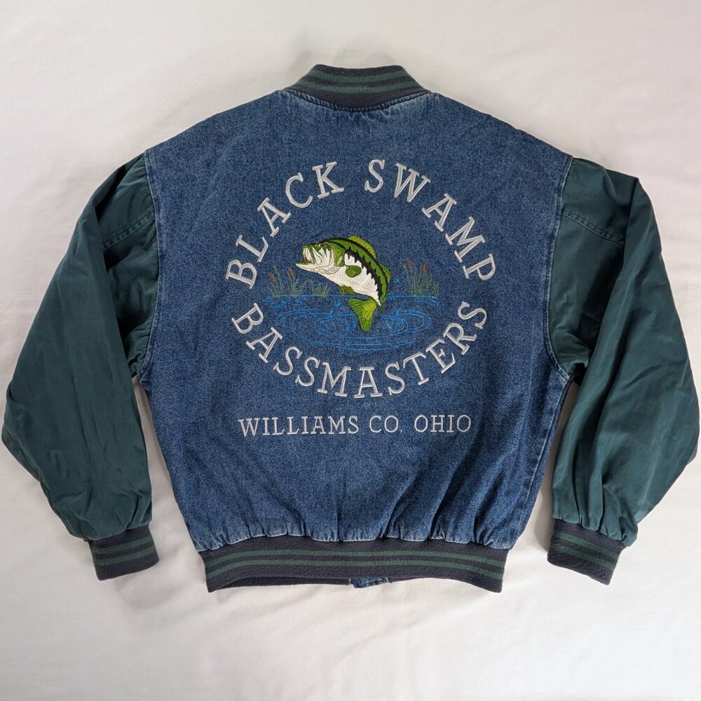 VTG Black Swamp Bass Masters Embroidered Denim Blue Green Varsity Jacket